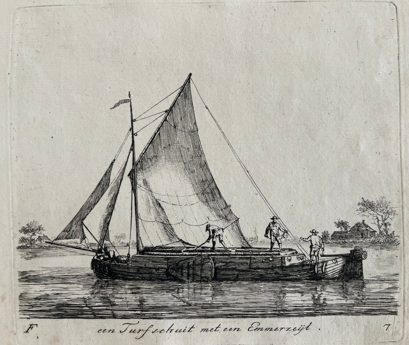 marine, ships, boats, etching, old print, groenewegen, gerrit groenewegen, turfschuit, antique print, etching, ets, dutch, holland, scheepvaart, maritime print