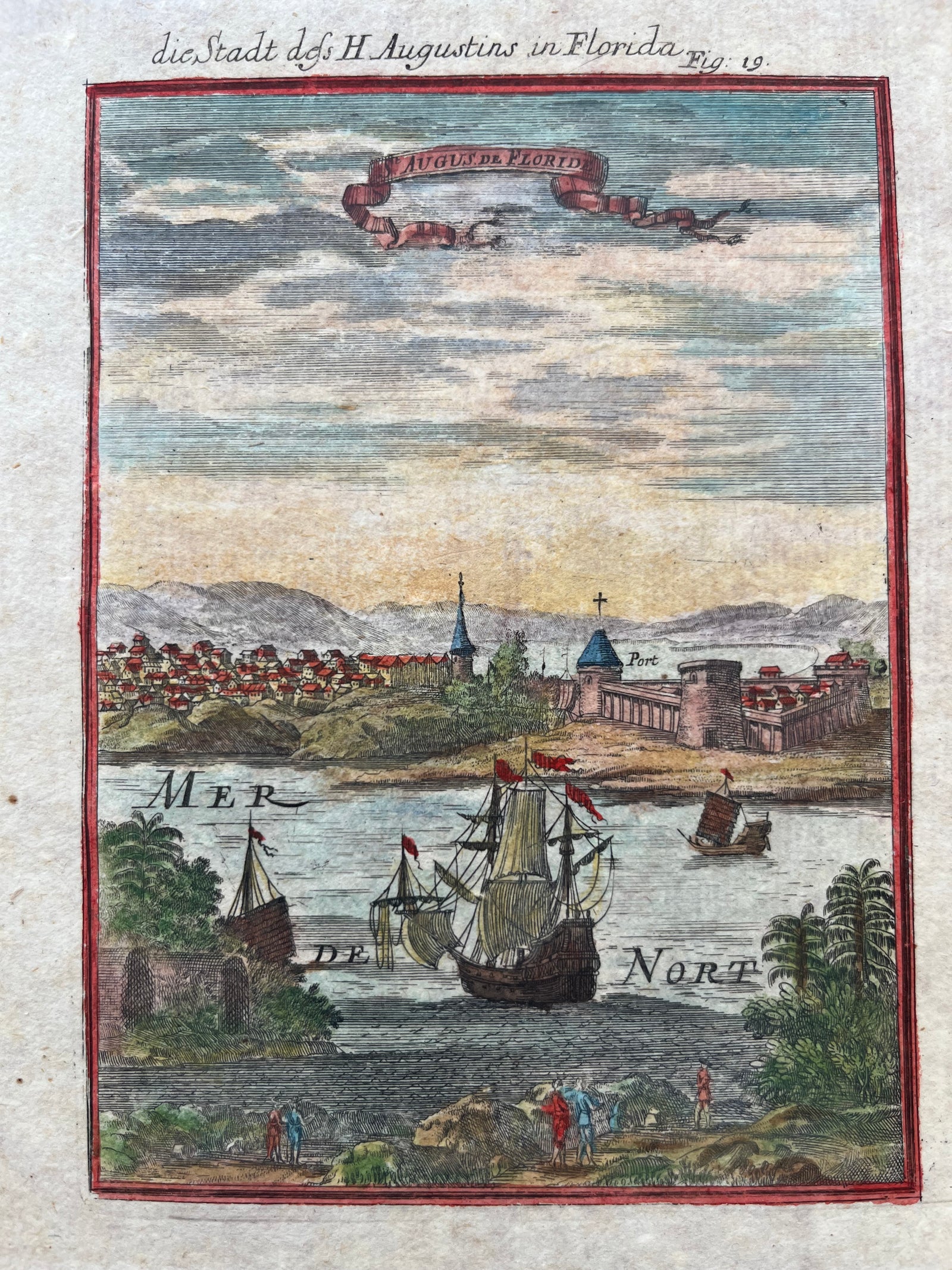 America, US, Florida, St. Augustine, mallet, engraving, print, view, city view, gravure, antieke prent, oude prent, old print, antique print.