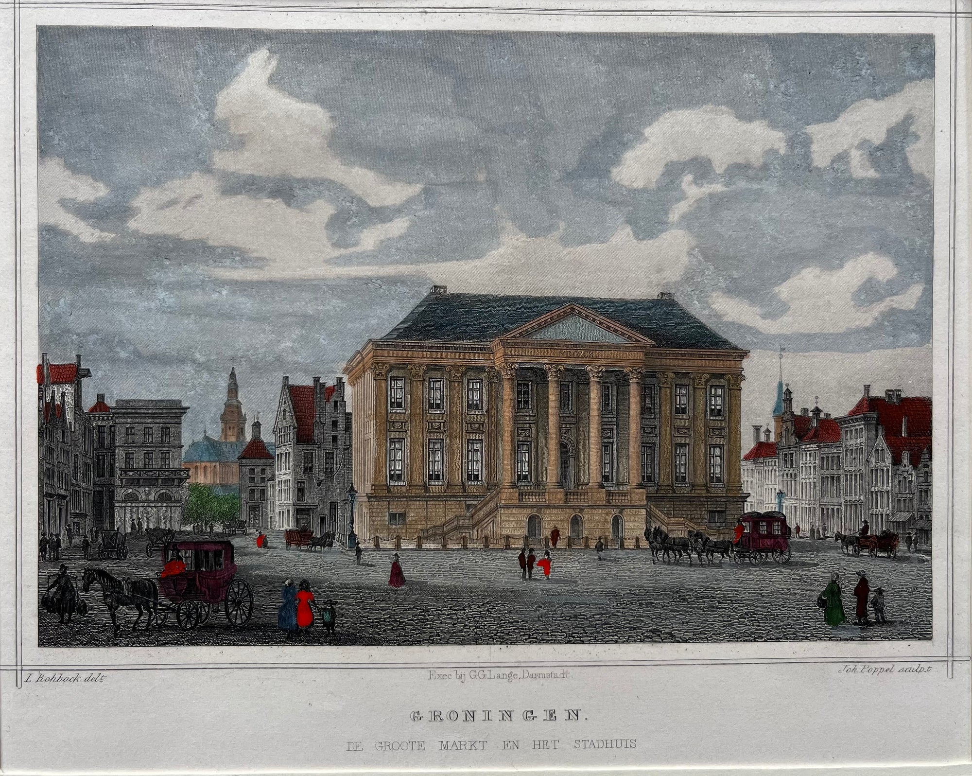 Groningen, stadhuis, oude prent, antique print, prent groningen, afstudeercadeau, old print, grote markt, universiteit, gravure, antieke prent, stad, 