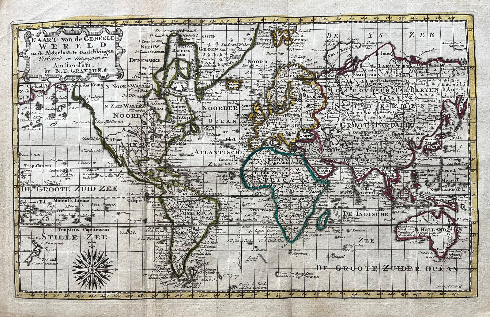 worldmap, world, map, antique, old map. Mappemonde, wereldkaart , oude kaart, antieke kaart,america, united states, australie, james cook, gravius, keizer, atlas, nova zembla, japan, california, engraving, 