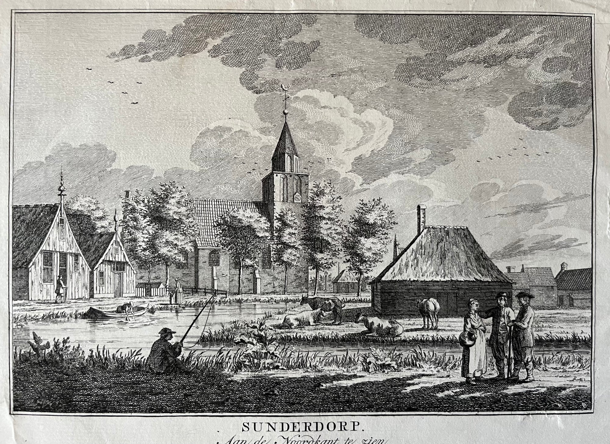  waterland, amsterdam, sunderdorp, holland, north holland, noord holland, dutch, view, gezicht, village, greebe, engraving, old print, antique print, oude prent, antieke prent, gravure, city view, sunderdorp aan de noordkant te zien