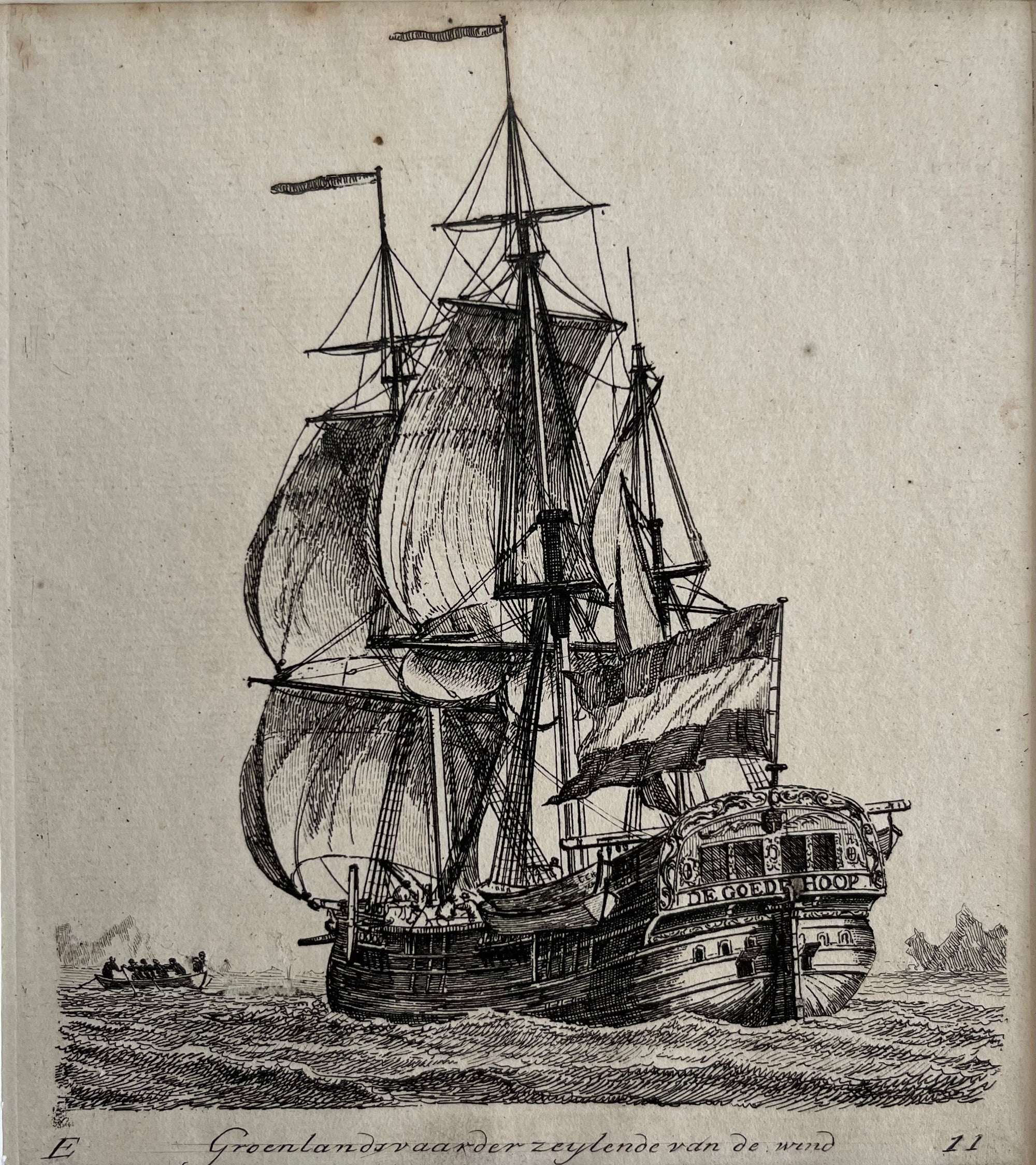 marine, ships, boats, etching, old print, groenewegen, gerrit groenewegen, de goede hoop, groenlandvaarder, antique print, etching, ets, dutch, holland, scheepvaart, maritime print