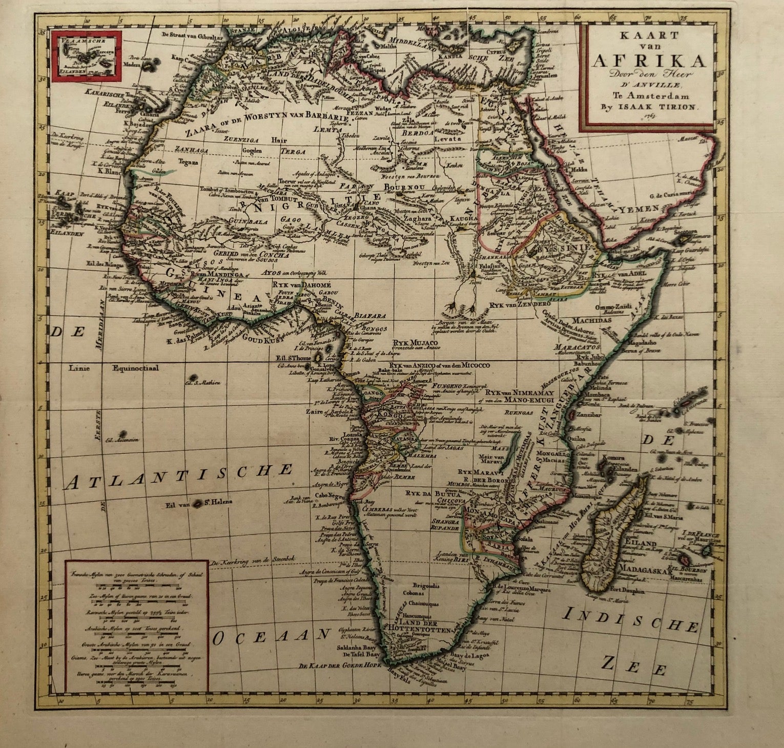 'Kaart van Afrika. Door den Heer D'Anville' Amsterdam by Isaak Tirion, 1763. Nice handcoloured map of Africa