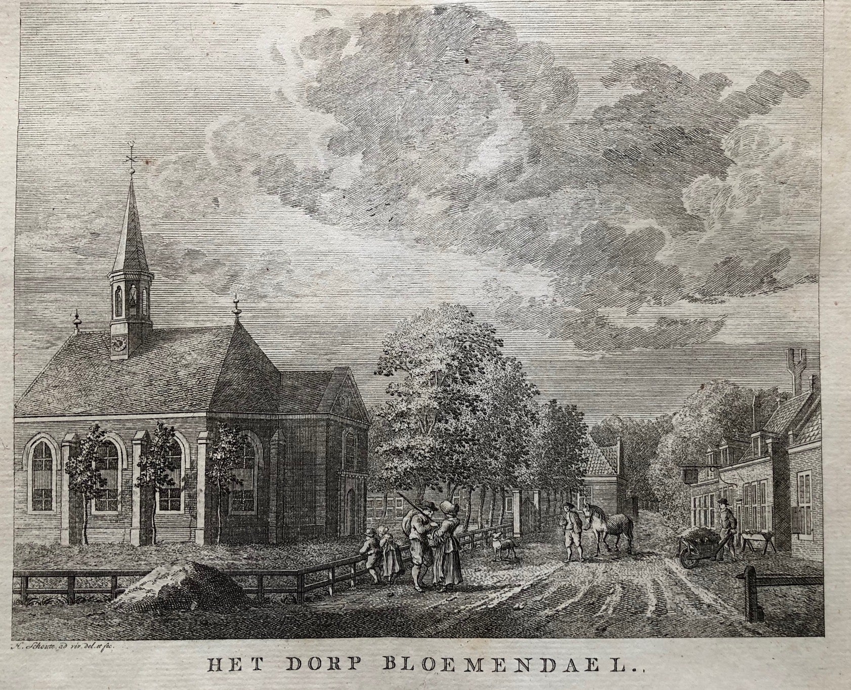 Noord Holland, bloemendaal, kerkplein, church, bloemendael, dorp, village, engraving, etching, schouten, print, antique print, old print