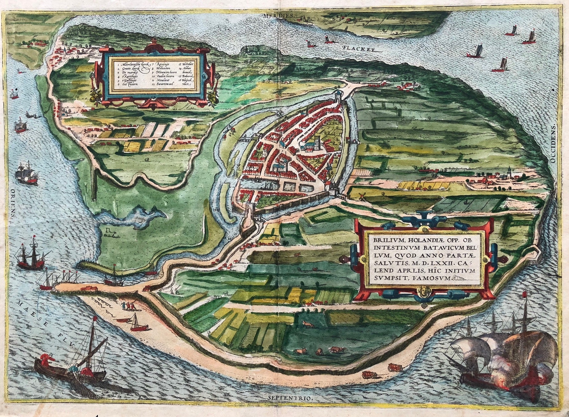 Brilium, brielle, Very nice, decorative map of Den Briel in the southern part of Holland. Birds -eye view by Braun and Hogenberg