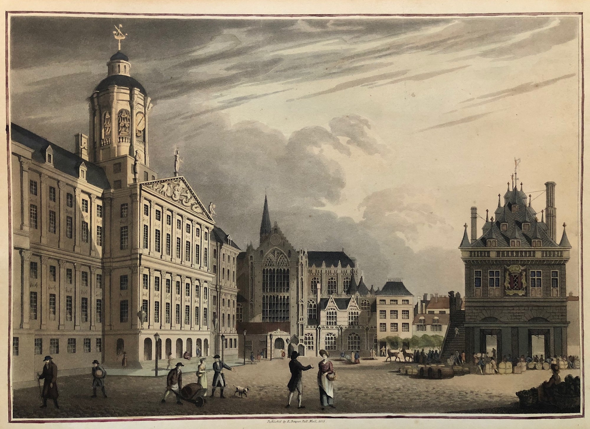 Very nice decorative view of the Dam square with the Royal Palace, the Nieuwe Kerk and 'De Waag'.  The contemporary colouring of this aquatintengraving is really very beautifull and delicate.  Published by Robert Bowyer, Pall Mall, in 1815.