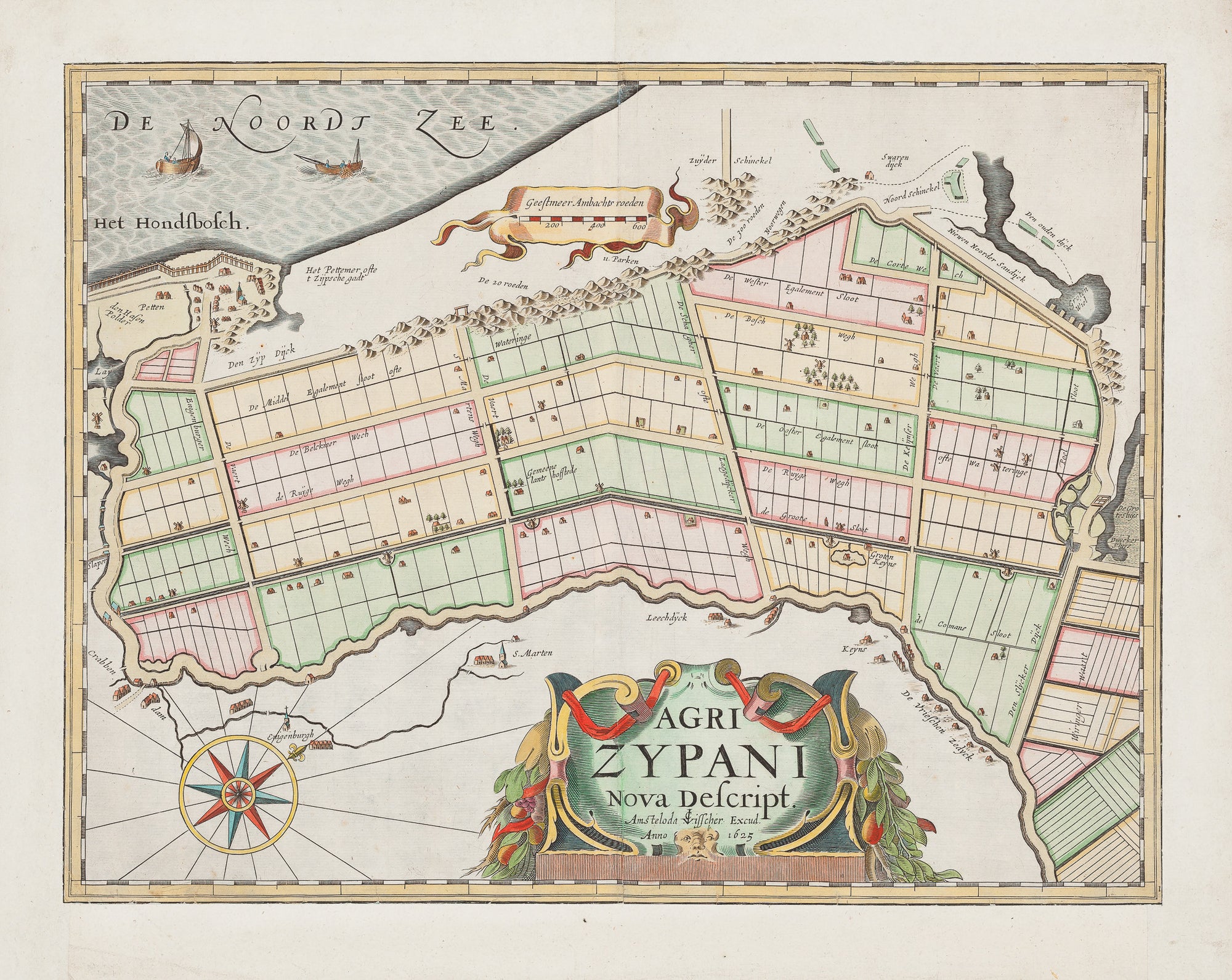 Antique print "Zijpe - Agri Zypani Nova Descript". Map made by P. van der Keere (Petrius Kaerius) in 1617.