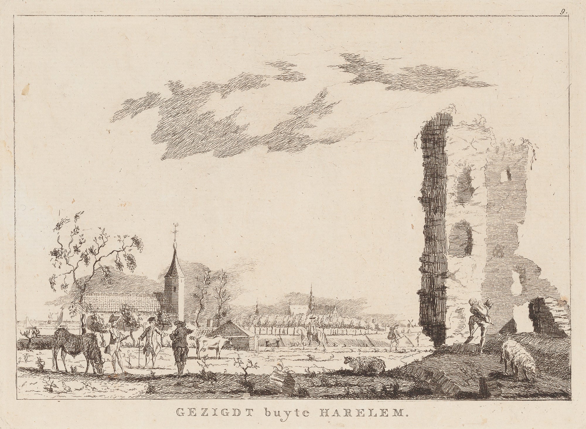Antique print "Gezigdt buyte Harelem". View on Haarlem, seen from the North (Schoten) with the ruins of the former Huis ter Kleef.