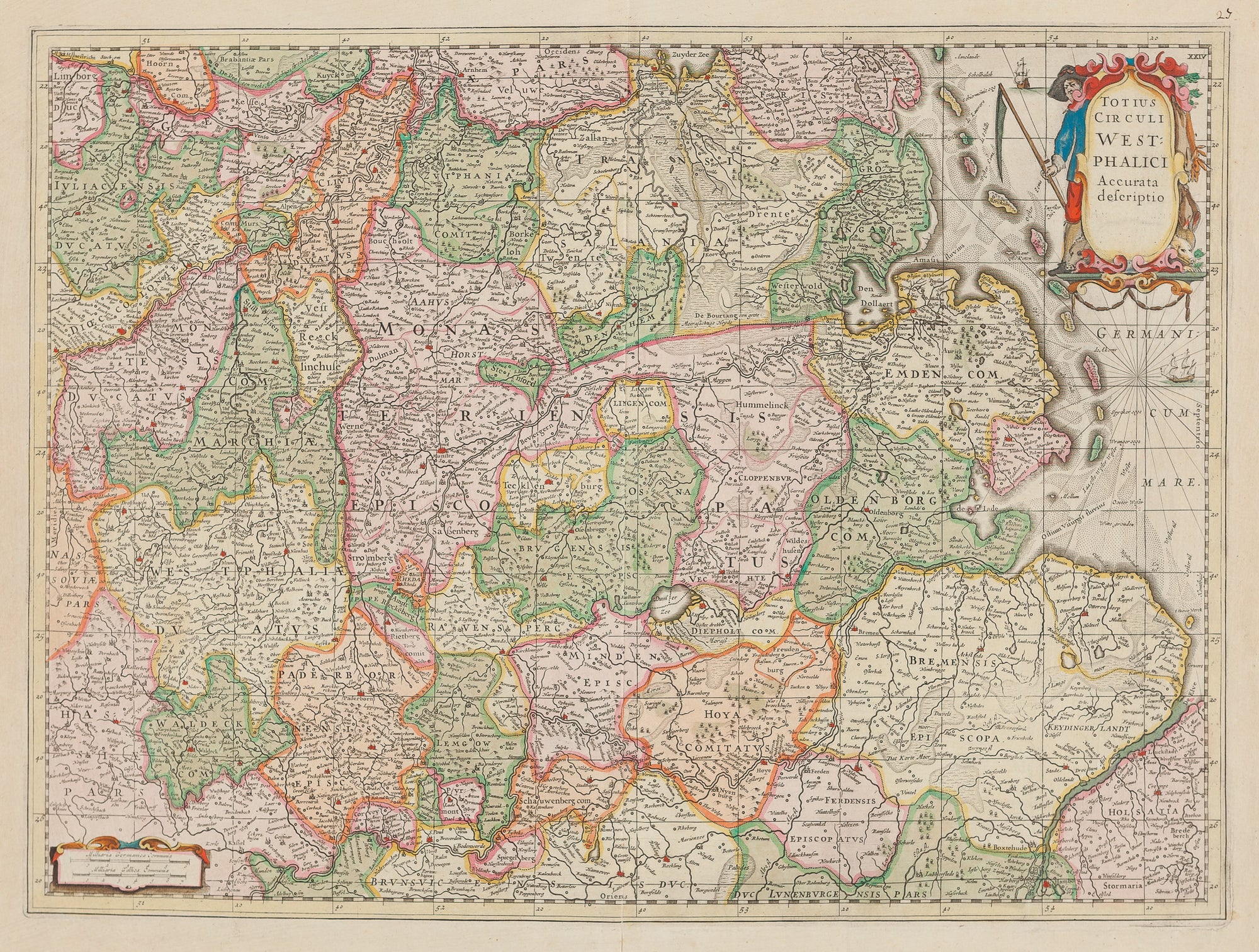Antique print. 'Totius Circuli West Phalici Accurata descriptio' , contemporary handcoloured engraved map of Westfalen published by Henricus Hondius in 1639. It shows areas and places like: Hamburg, Groningen, Koln and Munster, Ameland, Drenthe.