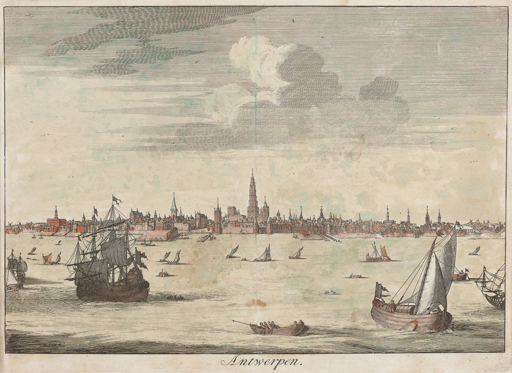 Antieke prent. Antique print. Nice view at Antwerp seen from the Schelde with a lot of ships. Contemporary handcoloured engraving published by Francois Halma, Amsterdam 1705, antwerp, Belgium, flanders, engraving, city view
