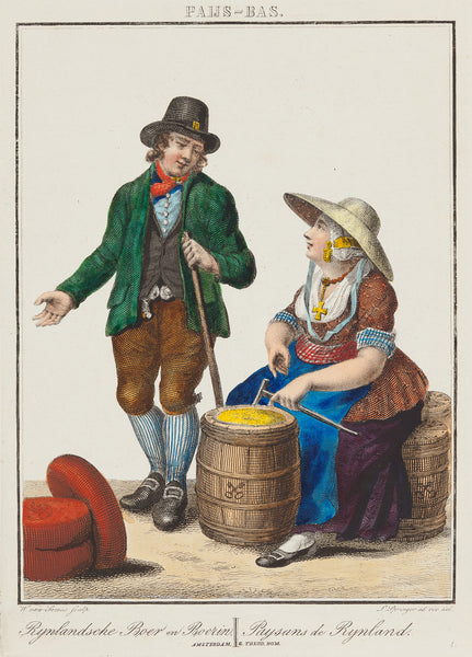 Antieke prent. Antique print. Title: 'Rijnlandsche Boer en Boerin - Paysans de Rijnland' . Very beautiful contemporary handcoloured engraving. Engraved by Willem van Senus after Leendert Springer, published by Theod. Bom , Amsterdam. ca. 1825. It shows a women selling butter and a man selling cheese. 'Rijnlandsche Boer en Boerin - Paysans de Rijnland' costumeprint, fashion, dutch culture, rijnland, antique print, colour