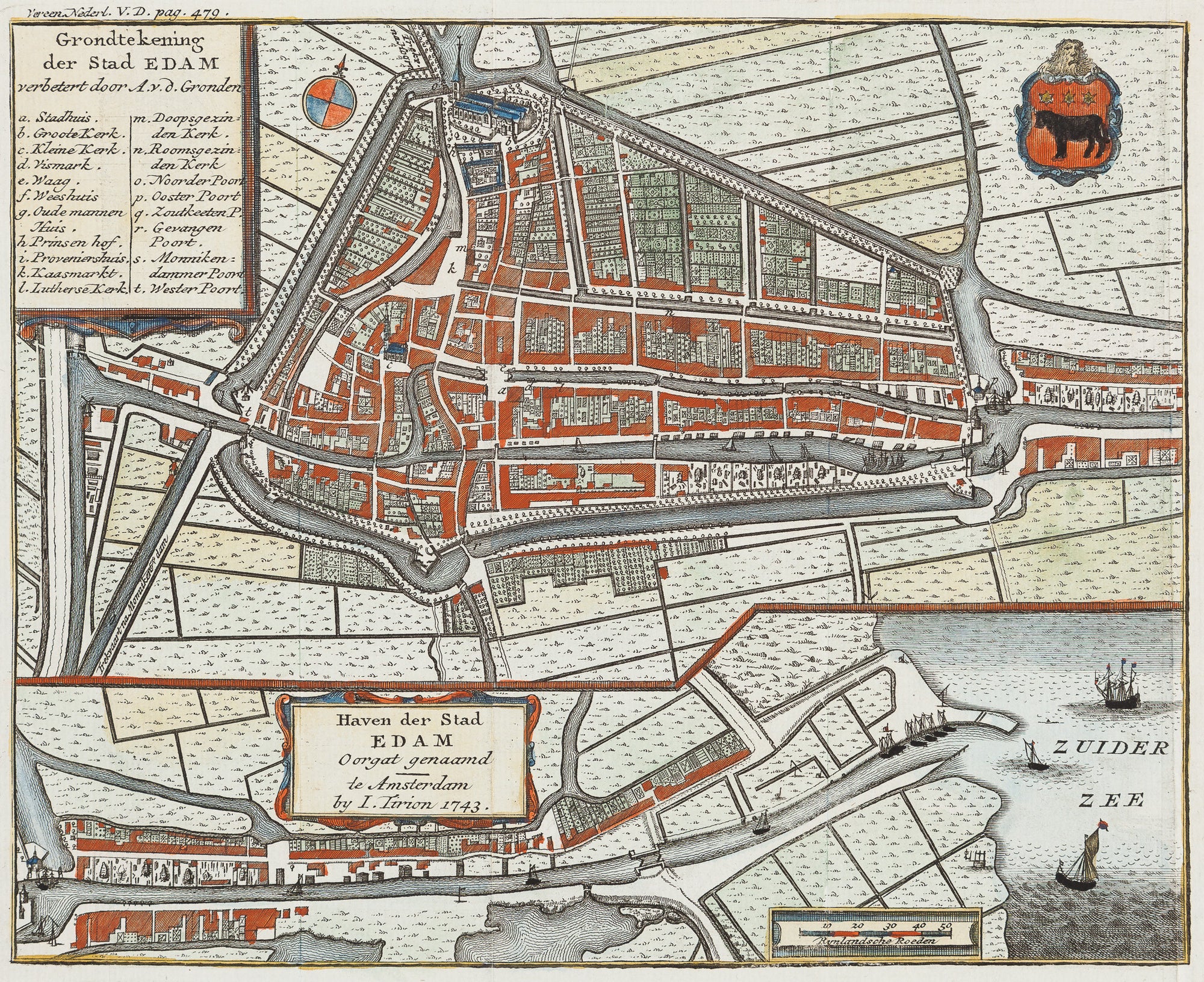 antique map, map, townplan, Edam, Holland, Zuiderzee, antique print, engraving
