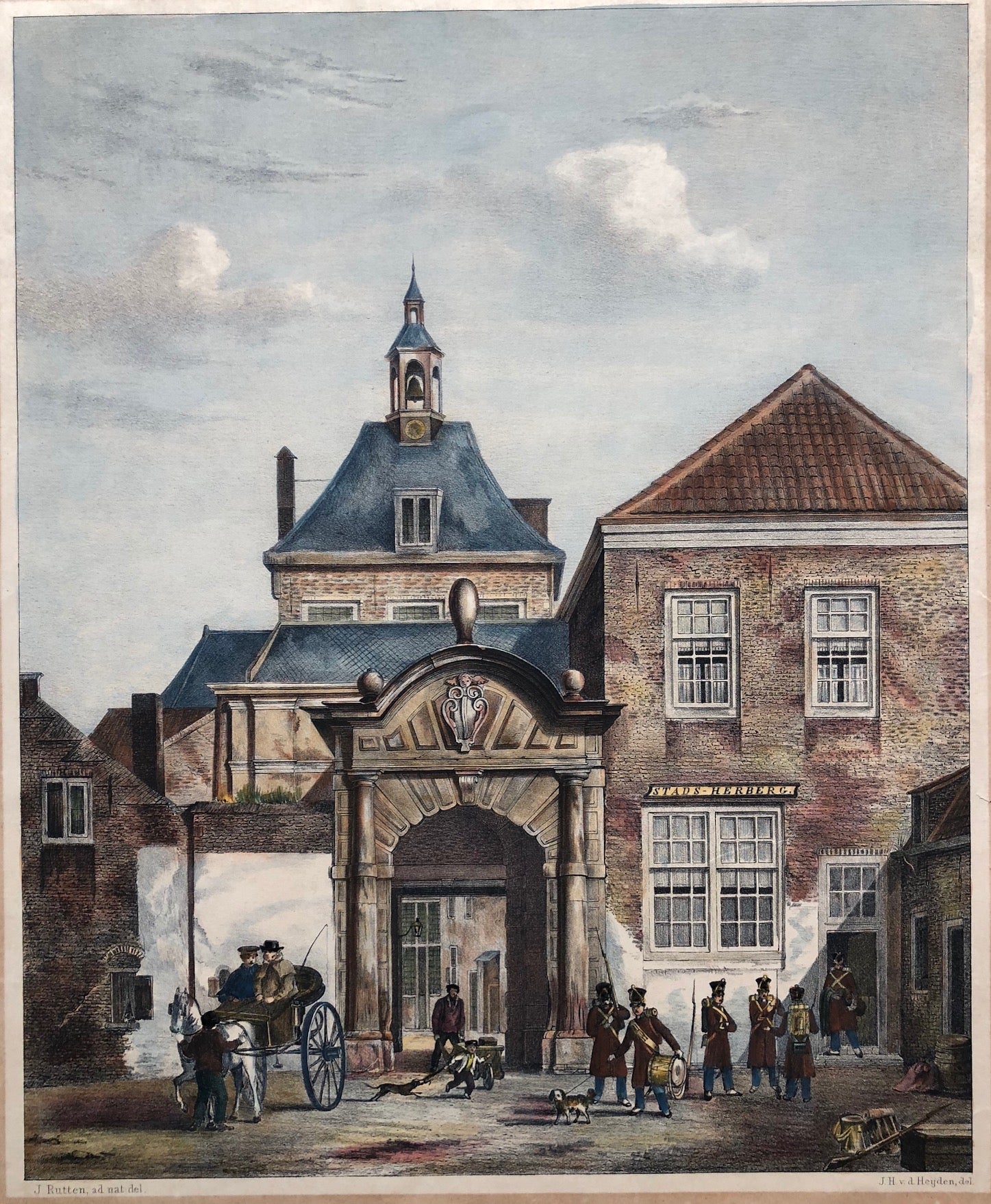 lithograph, heijden, dordrecht, city view, holland, poort, herberg, print, antique print, colour, boger, rutten