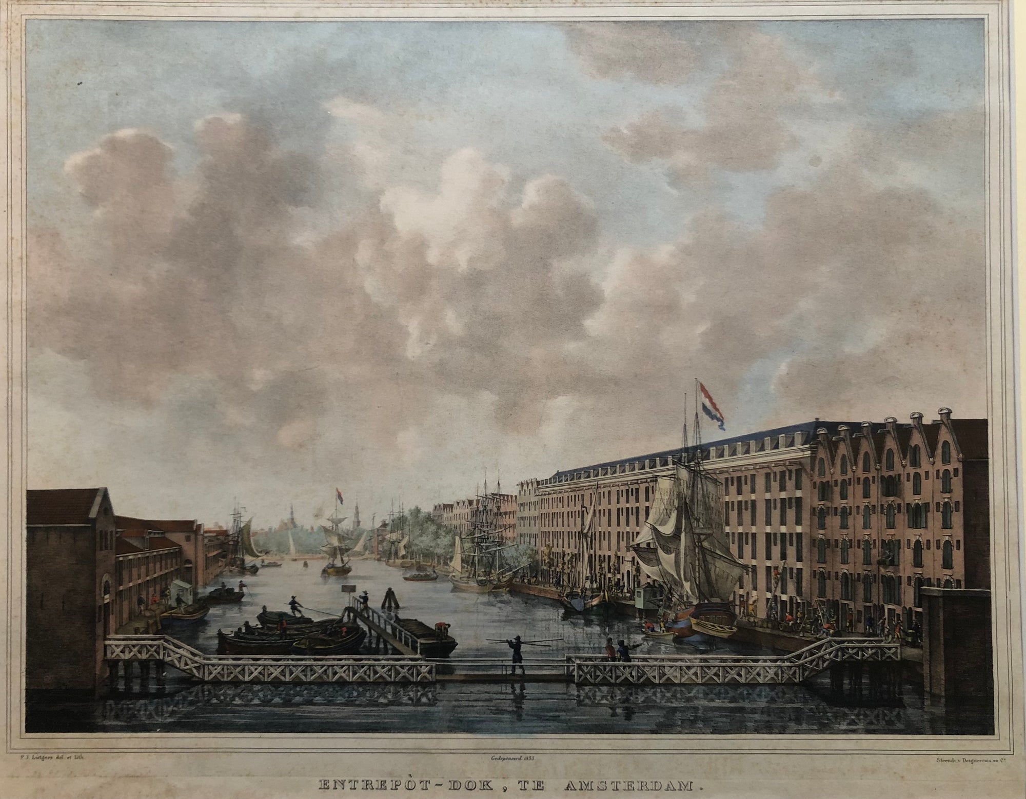 'Entrepòt - Dok, Te Amsterdam' . The Entrepotdok in Amsterdamseen from the Muidergracht to the Nieuwe Herengracht. Handcoloured lithograph drawn by Petrus Josephus Lutgers and published by  Desguerrois en Co. in 1833.