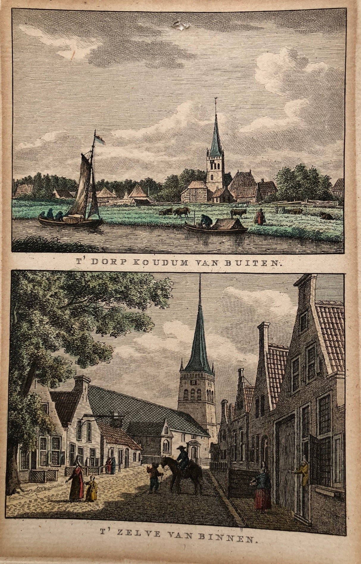 'T' Dorp Koudum van Buiten - T' Zelve van Binnen  Handcoloured engraving, two views on one sheet. Drawn by Jan Bulthuis and engraved by K.F. Bendorp. Published in 1793