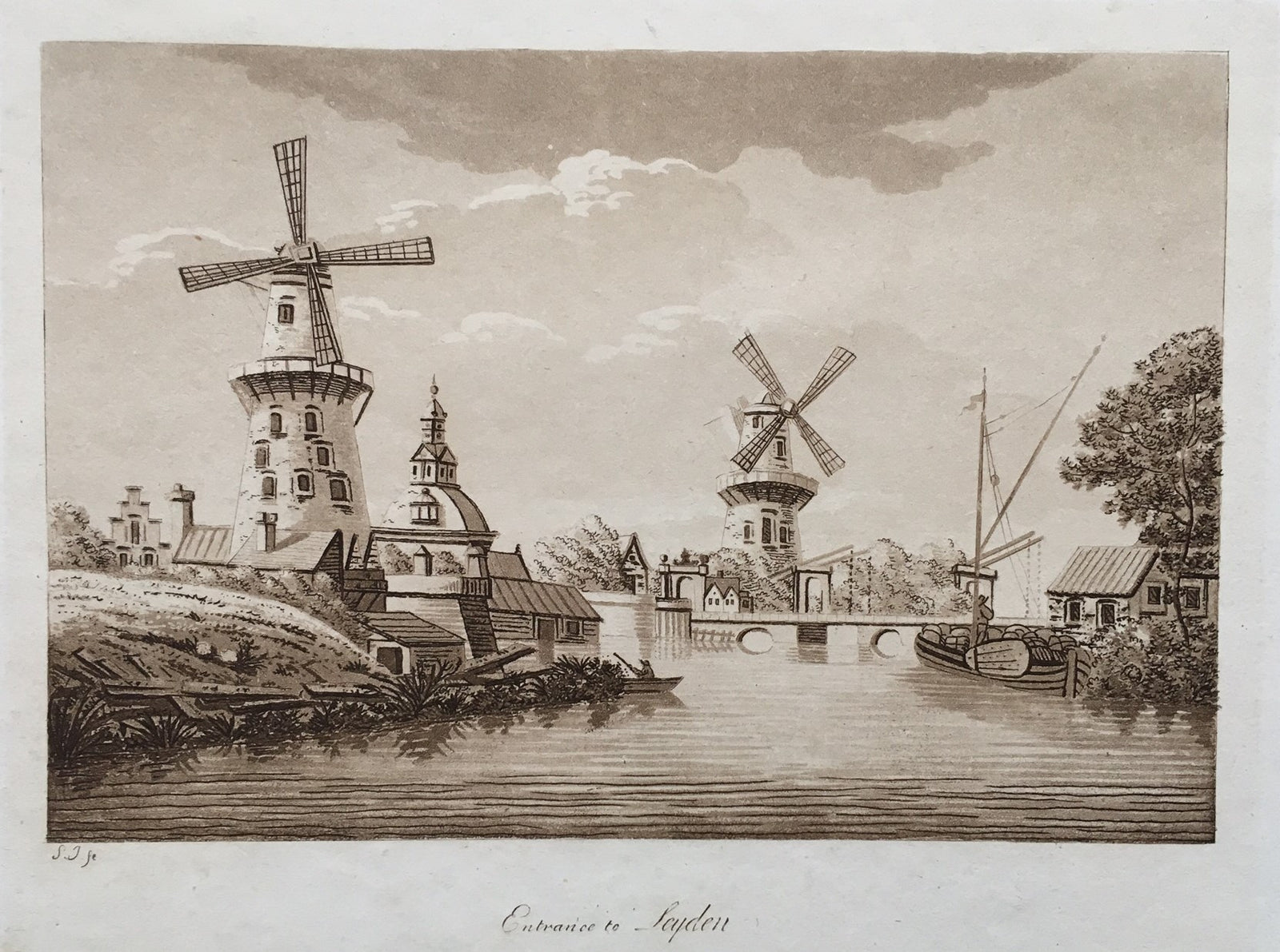 Antique print "Entrance to Leyden". Tinted aquantintengraving by Samuel Ireland from "Picturesque tour through Holland, Brabant and part of France made in the autumn of 1789.