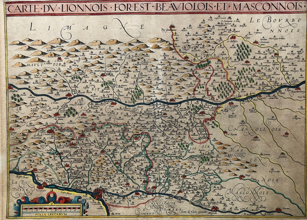 Carte du Lionnois, Forest, Beauiolois et Masconois". Nice rare regional map of the Lyon, Forest, Beaujolais and Macon region, oriented with south at the top.