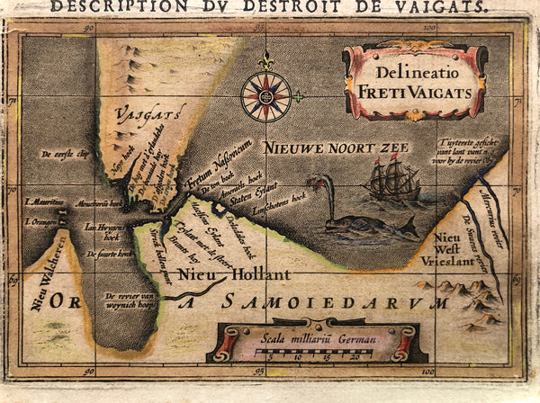 engraving, map, miniature map, old map, nova zembla, new holland, freti vaigats, keere, antique map, thresoor, keerius