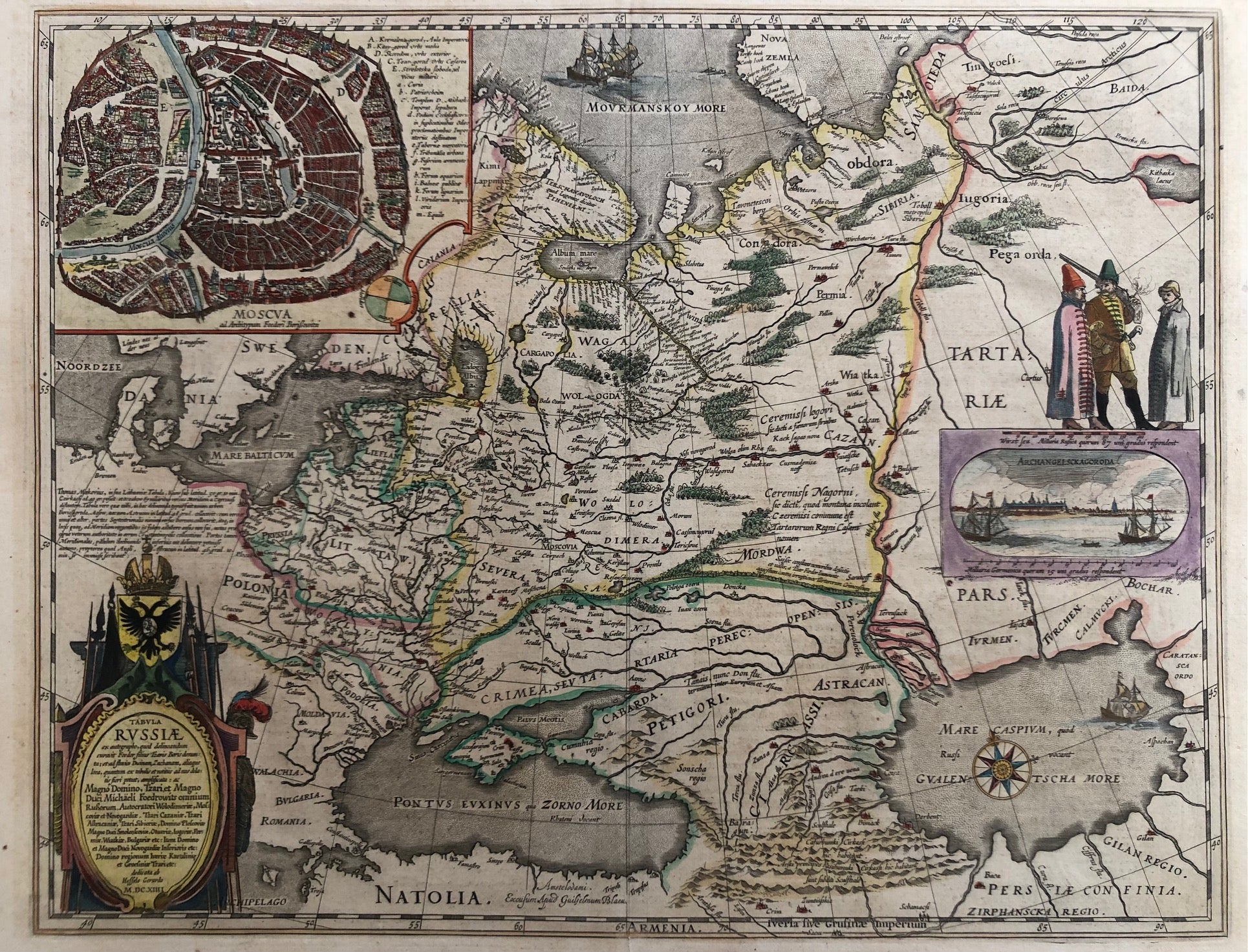Tabula Russiae ex autographo, quid delineandum curavit....' This contemporary handcoloured engraving is a map published by Blaeu in ca. 1630 