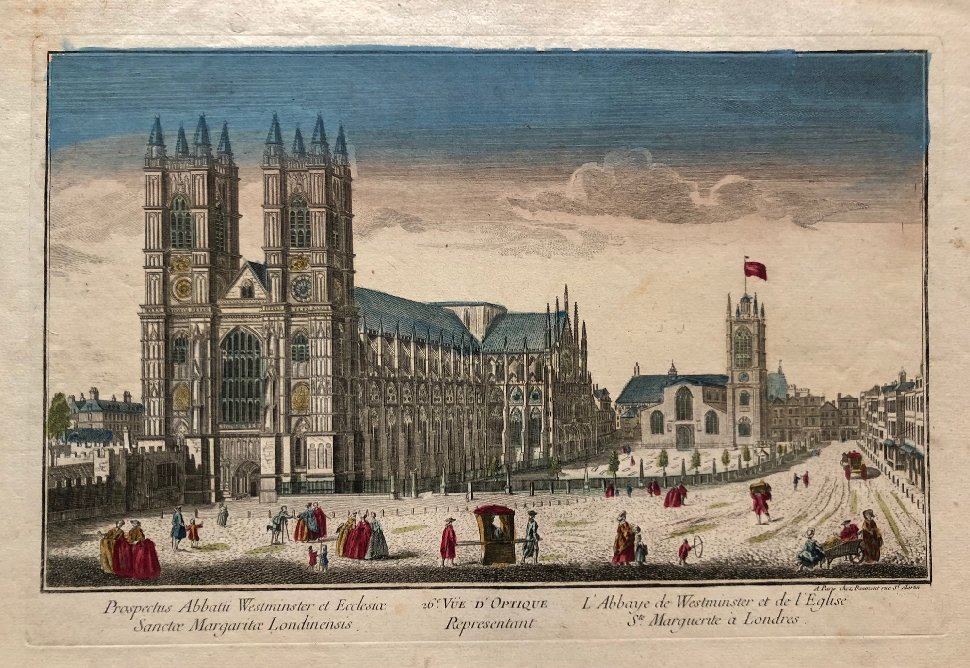  old print, antique print, london, londen, westminster, westminster abbey, view, city, oude prent, antieke prent, prent londen, prent london, engraving, optical, daumont,gravure