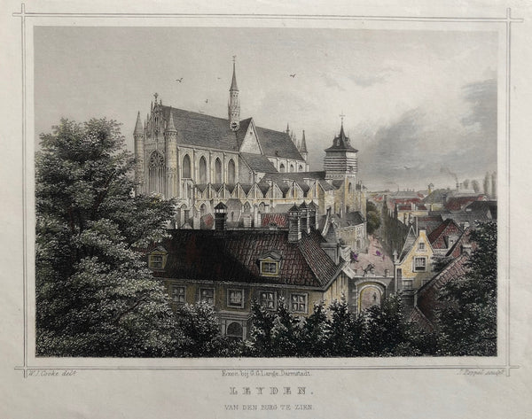 'Leyden. Van den Burg te zien'. Nice view at Leiden. Steelengraving with  delicate colouring. Drawn by W.J. Cooke, engraved by J. Poppel