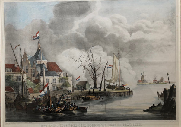 Schotel, dordrecht, ships, harbour, print, antique print, lithograph, french, battle, schouman, heijden, colour, november, 1813